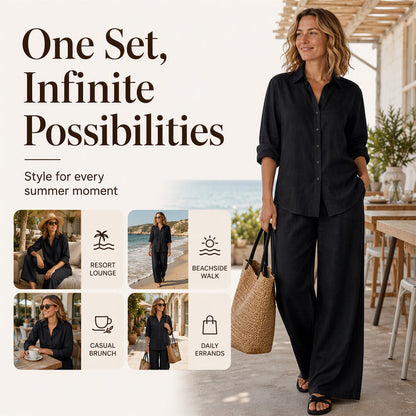 ✨Women's Casual Cotton Linen Shirt & Wide-Leg Pants Set