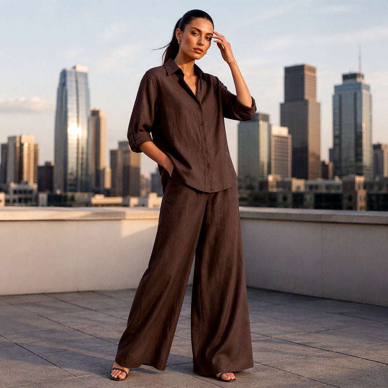 ✨Women's Casual Cotton Linen Shirt & Wide-Leg Pants Set