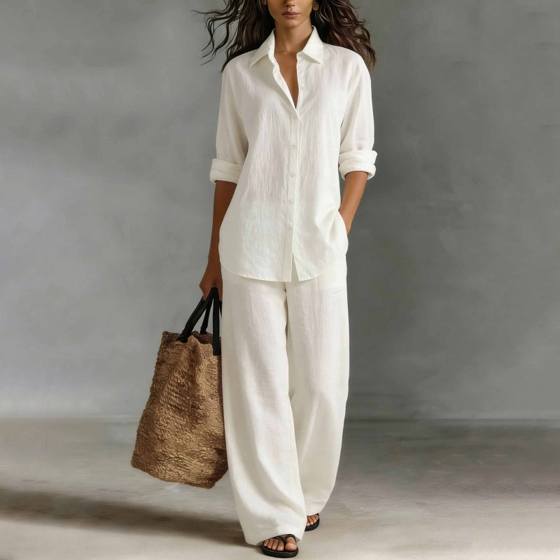 ✨Women's Casual Cotton Linen Shirt & Wide-Leg Pants Set