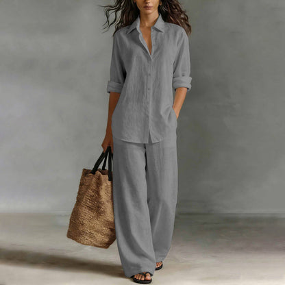✨Women's Casual Cotton Linen Shirt & Wide-Leg Pants Set