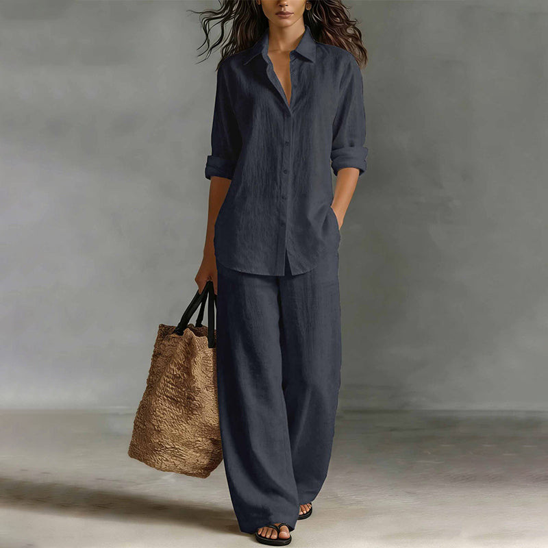 ✨Women's Casual Cotton Linen Shirt & Wide-Leg Pants Set