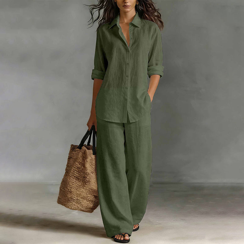 ✨Women's Casual Cotton Linen Shirt & Wide-Leg Pants Set