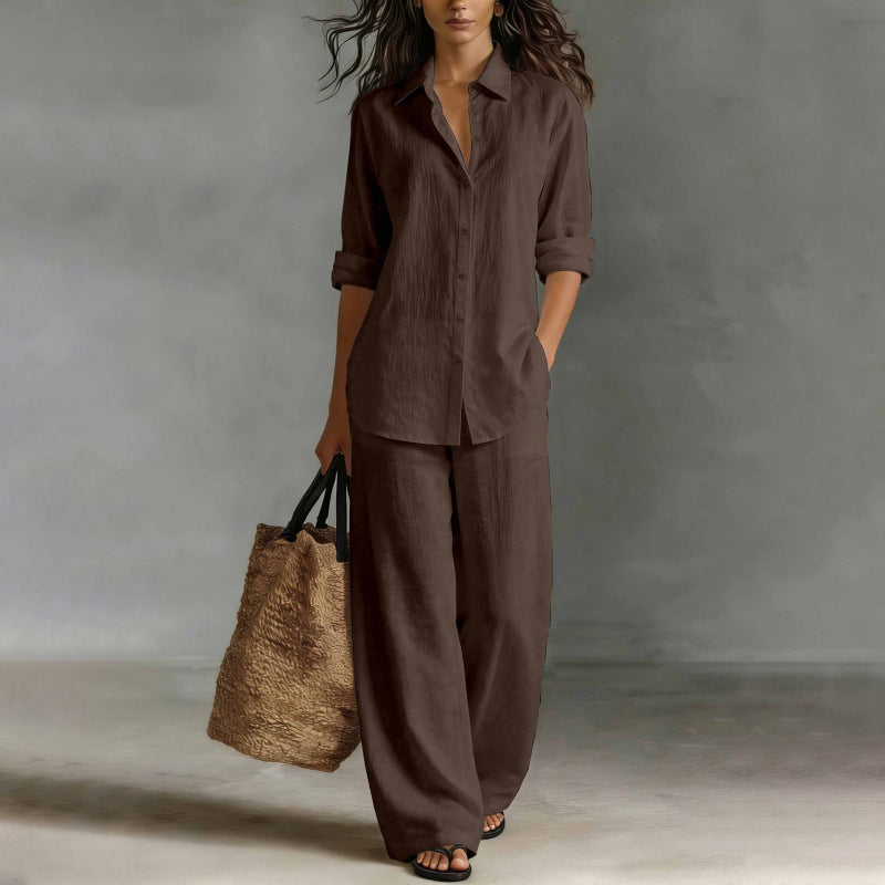 ✨Women's Casual Cotton Linen Shirt & Wide-Leg Pants Set