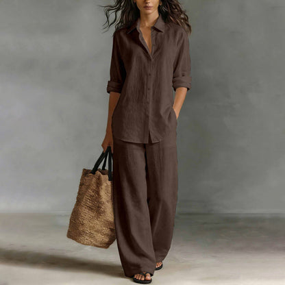 ✨Women's Casual Cotton Linen Shirt & Wide-Leg Pants Set