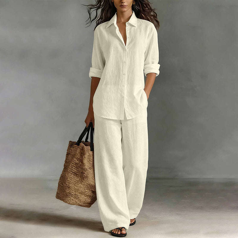 ✨Women's Casual Cotton Linen Shirt & Wide-Leg Pants Set
