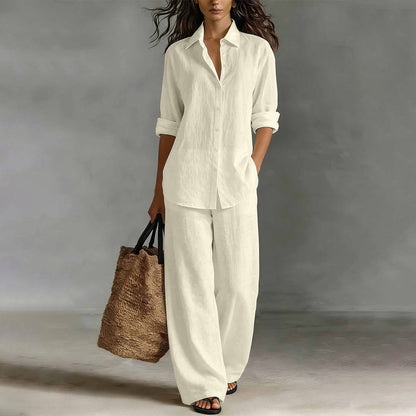 ✨Women's Casual Cotton Linen Shirt & Wide-Leg Pants Set