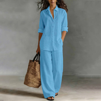 ✨Women's Casual Cotton Linen Shirt & Wide-Leg Pants Set