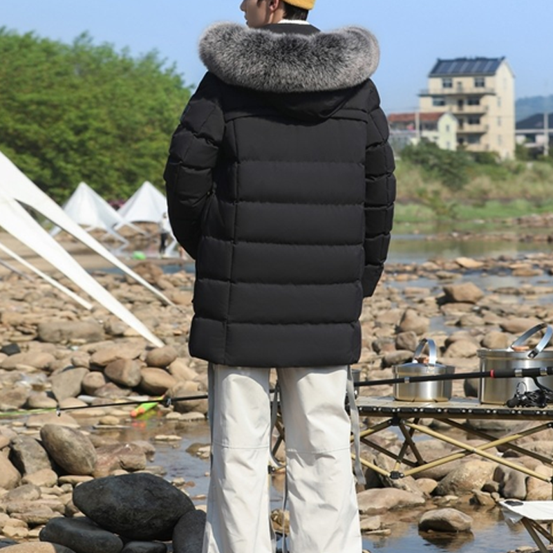 Men's black padded parka back view